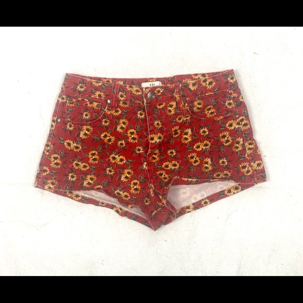 Forever 21 Womens Size 27 Red Denim Sunflower Floral Shorts Hot Pants